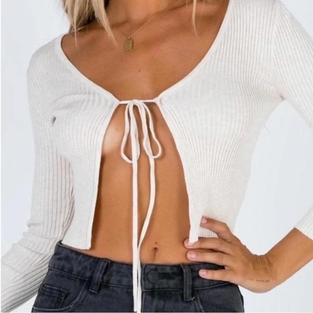 PRINCESS POLLY 90s Y2K Ribbed Front Tie Cropped Long Sleeve Cardigan